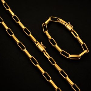 Kit Corrente e Pulseira Tijolinho Alongado 6mm Banhado a Ouro 18k